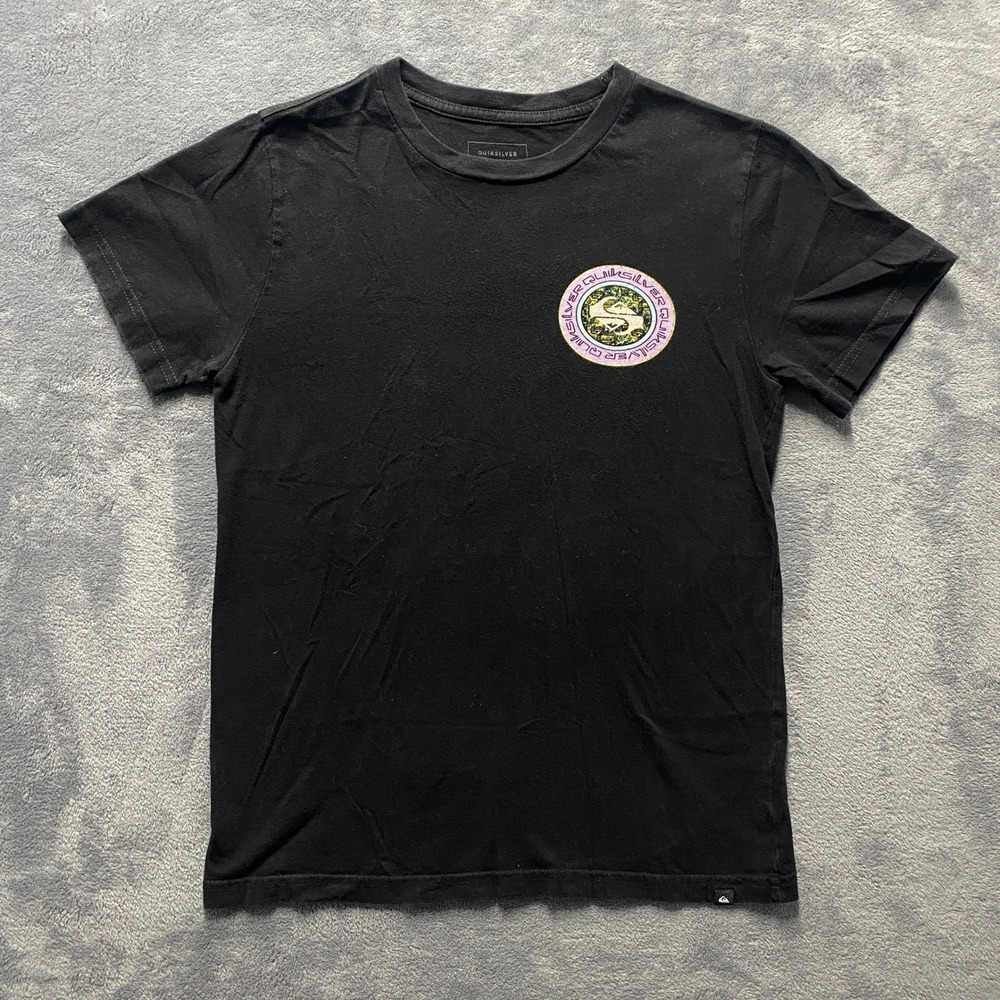 Quiksilver T-Shirt Mens Large Graphic Black Short Sleeve Cotton‎ Crew Neck